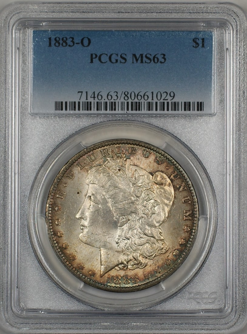 PCGS MS63 1883-O Toned Morgan Silver Dollar Uncirculated New Orleans Mint: PCGS MS63 1883-O Toned Morgan Silver Dollar Uncirculated New Orleans Mint This 1883-O Morgan Silver Dollar is a $1 coin certified by PCGS with a grade of MS-63. The coin was minted in New Orleans and
