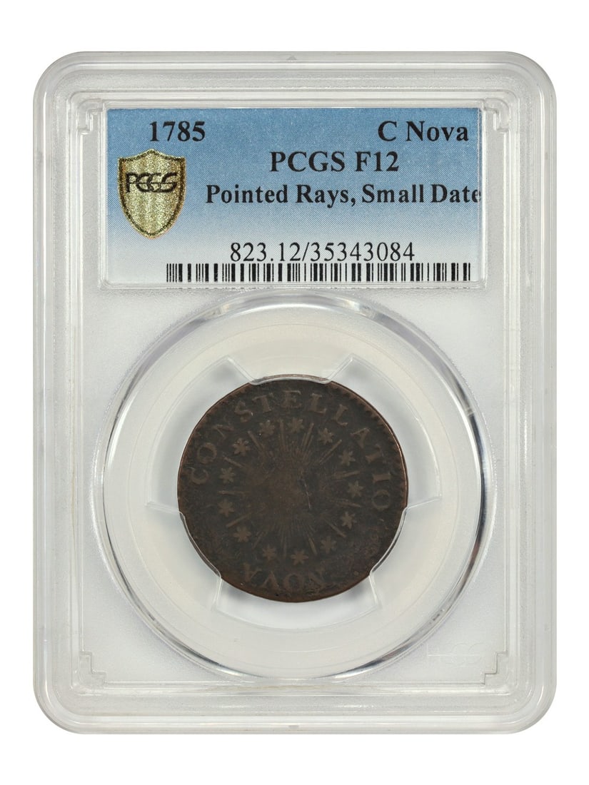 1785 C Nova Colonial Coin PCGS Fine 12 Small Date Pointed Rays: 1785 C Nova Colonial Coin PCGS Fine 12 Small Date Pointed Rays This 1785 C Nova colonial coin features pointed rays and a small date design. Certified by PCGS with a Fine 12 grade and designated as