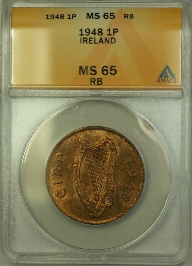 ANACS MS-65 Red Brown 1948 Ireland 1 Pingin Coin (1 of 2)