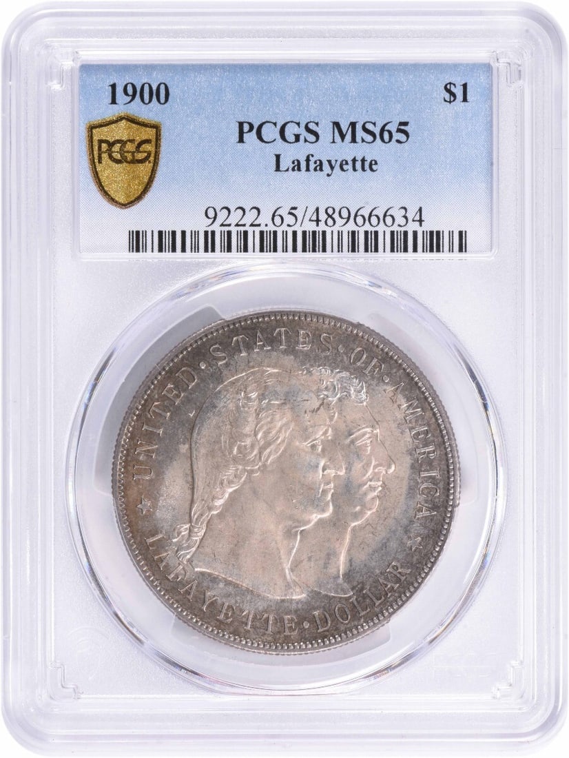 PCGS MS65 1900 Silver Lafayette Commemorative Dollar Coin Philadelphia Mint: PCGS MS65 1900 Silver Lafayette Commemorative Dollar Coin Philadelphia Mint This 1900 Lafayette Commemorative Silver Dollar is graded MS65 by PCGS, indicating it is in uncirculated condition. Struck a