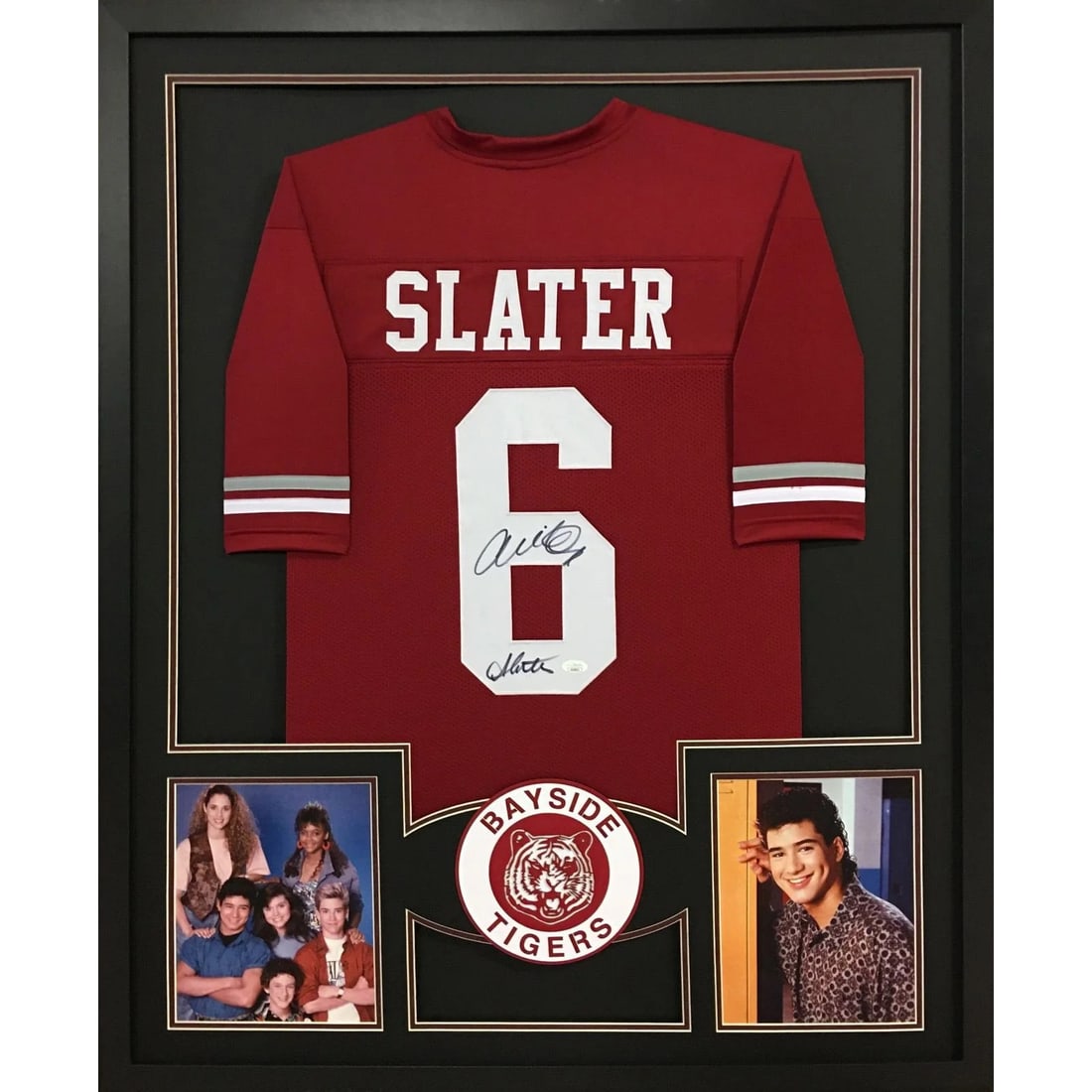 A.C. Slater Autographed Jersey Framed Mario Lopez JSA Certified: A.C. Slater Autographed Jersey Framed Mario Lopez JSA Certified This custom framed jersey showcases the autograph of A.C. Slater, portrayed by Mario Lopez in the iconic series Saved By The Bell. Authe