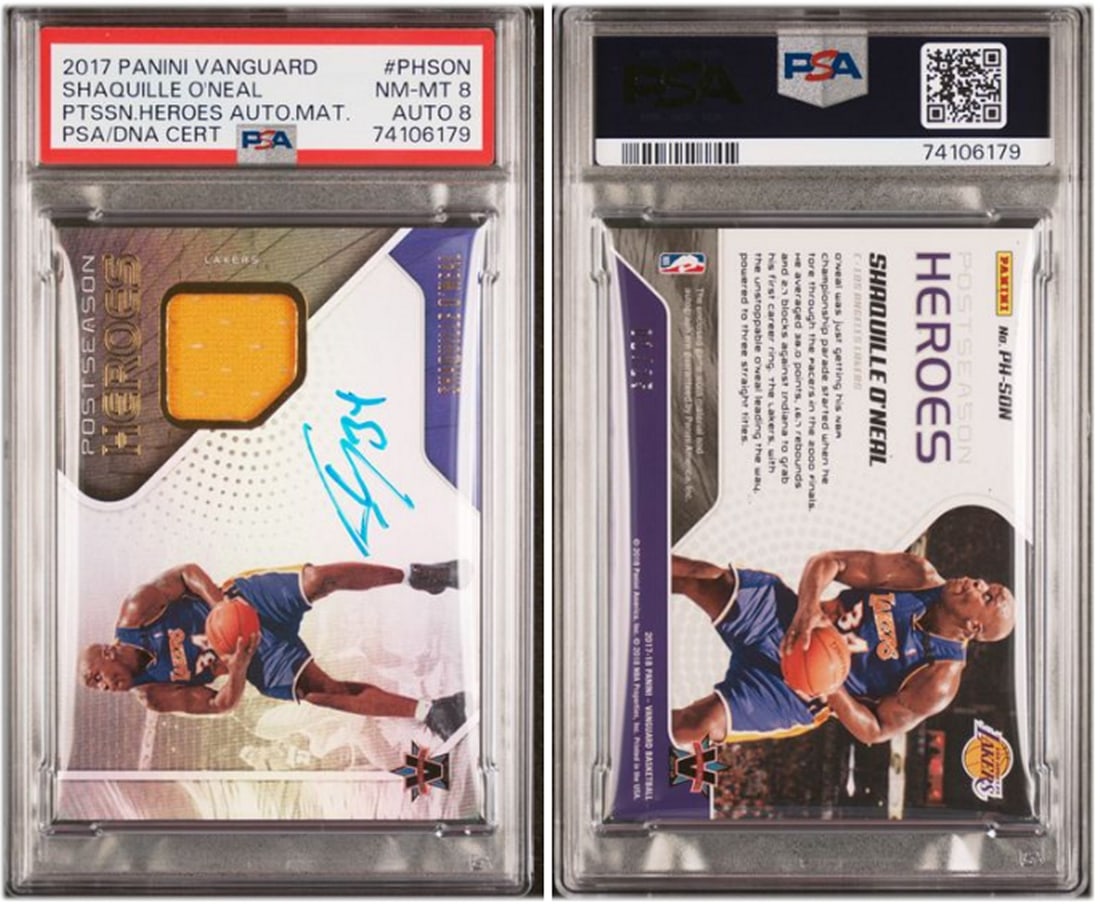 Shaquille O'Neal 2017 Panini Vanguard Heroes Patch Auto PSA 8/8 1/25: Shaquille O'Neal 2017 Panini Vanguard Heroes Patch Auto PSA 8/8 1/25 Celebrate the legacy of Shaquille O'Neal with this 2017 Panini Vanguard Postseason Heroes Patch Auto card. This unique collectible