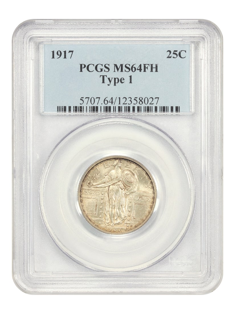 PCGS MS64FH 1917 Type 1 Standing Liberty 25 Cent Coin: PCGS MS64FH 1917 Type 1 Standing Liberty 25 Cent Coin This is a 1917 Standing Liberty Quarter, Type 1, designated MS64FH by PCGS. The coin is uncirculated and was minted in Philadelphia. It is a desir
