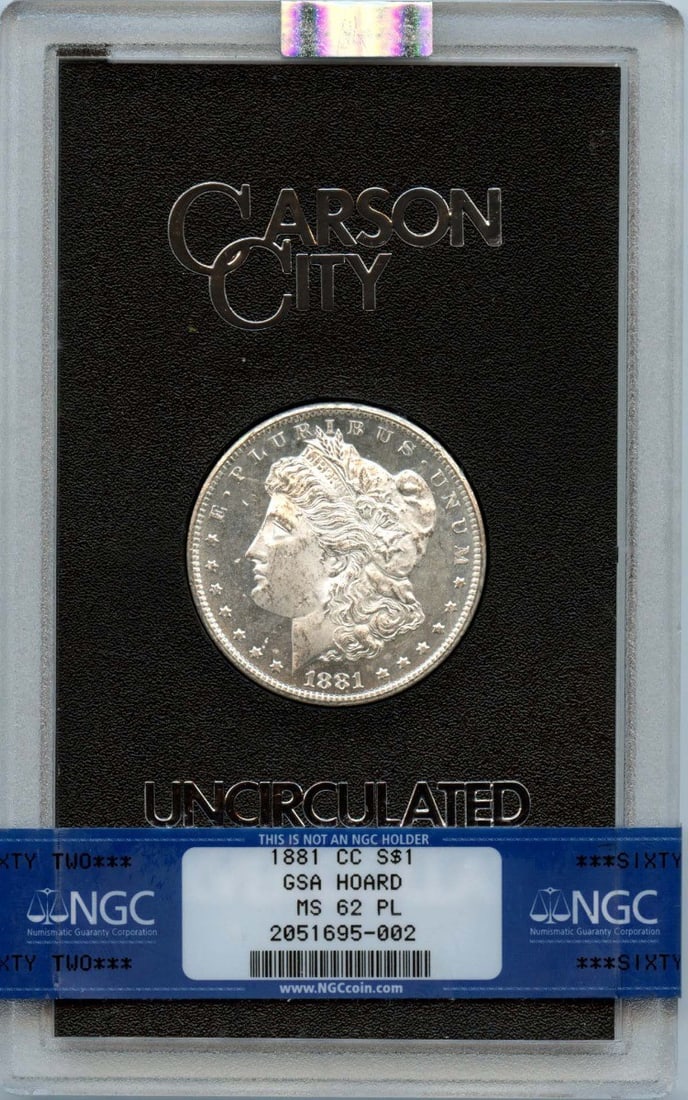 1881-CC Morgan Dollar GSA Hoard NGC MS62PL Coin: 1881-CC Morgan Dollar GSA Hoard NGC MS62PL Coin This stunning 1881-CC Morgan Dollar is a remarkable piece from the GSA Hoard, graded by NGC as MS62 Proof-Like. With its uncirculated condition, this co