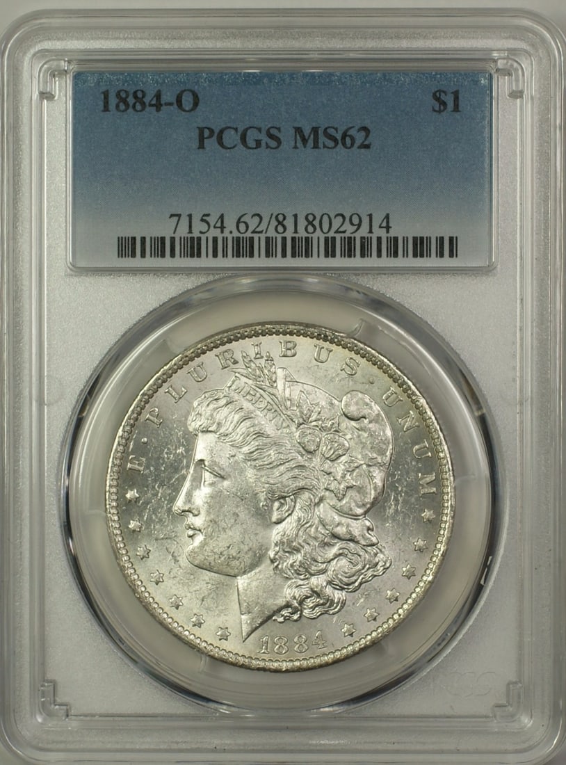 PCGS MS62 1884-O Silver Dollar from New Orleans Mint: PCGS MS62 1884-O Silver Dollar from New Orleans Mint This is an 1884-O Morgan Silver Dollar $1 coin, graded MS-62 by PCGS. Minted in New Orleans, this uncirculated coin is composed of silver and origi