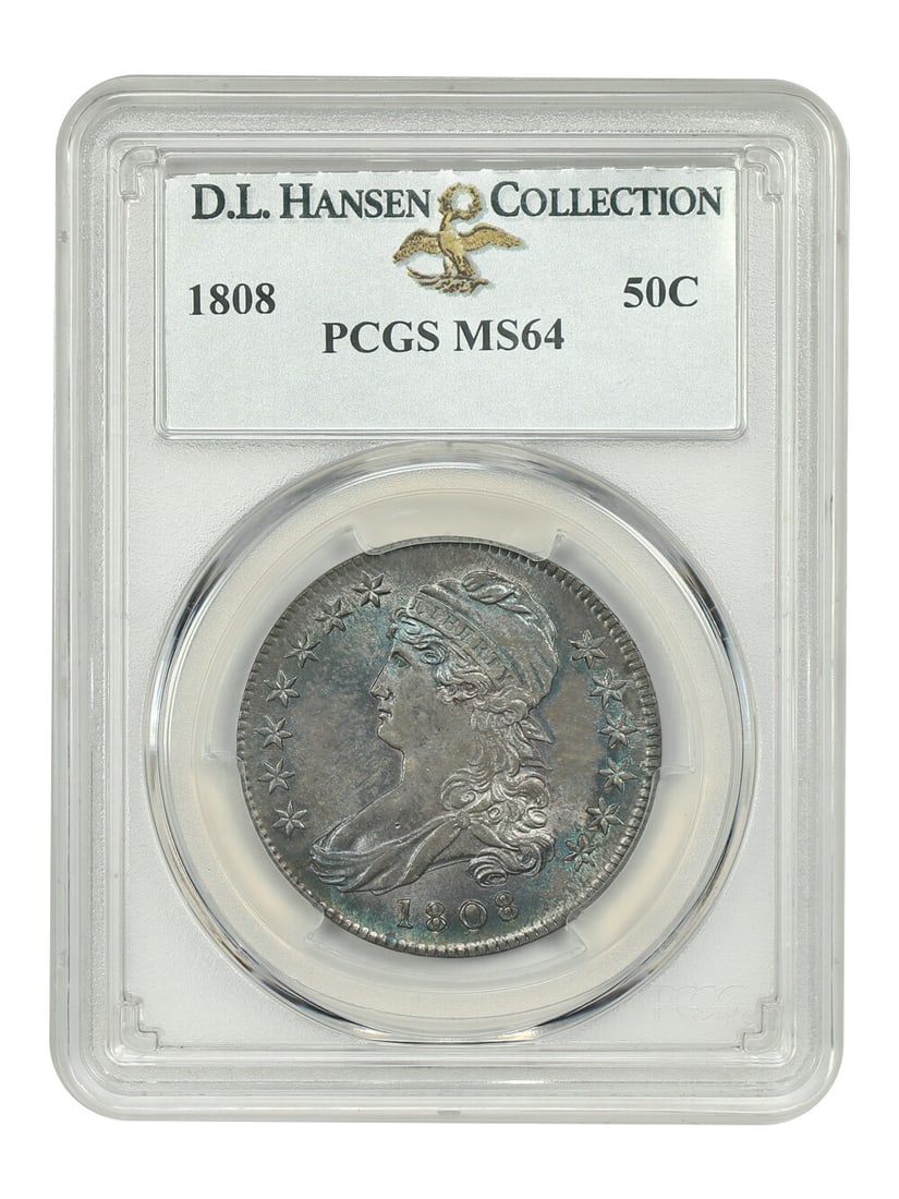 1808 Capped Bust Half Dollar PCGS MS64 D.L. Hansen: 1808 Capped Bust Half Dollar PCGS MS64 D.L. Hansen This stunning 1808 Capped Bust Half Dollar is graded MS64 by PCGS, showcasing its uncirculated condition. Minted in Philadelphia, this half dollar bo