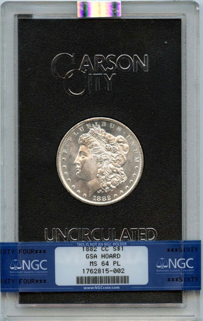 1882-CC Morgan Dollar GSA Hoard NGC MS64 Proof-Like: 1882-CC Morgan Dollar GSA Hoard NGC MS64 Proof-Like This 1882-CC Morgan Dollar is a remarkable addition to any collection, encapsulated by NGC with a certification number of 1762815002. Graded as MS64