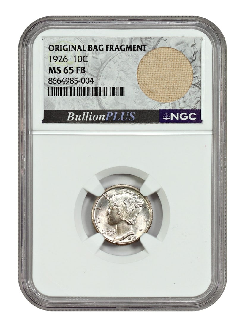 1926 Mercury Dime 10C NGC MS65FB Original Bag Fragment: 1926 Mercury Dime 10C NGC MS65FB Original Bag Fragment This stunning 1926 Mercury Dime is certified by NGC with a grade of MS65FB, indicating it is in uncirculated condition. Struck at the Philadelphi