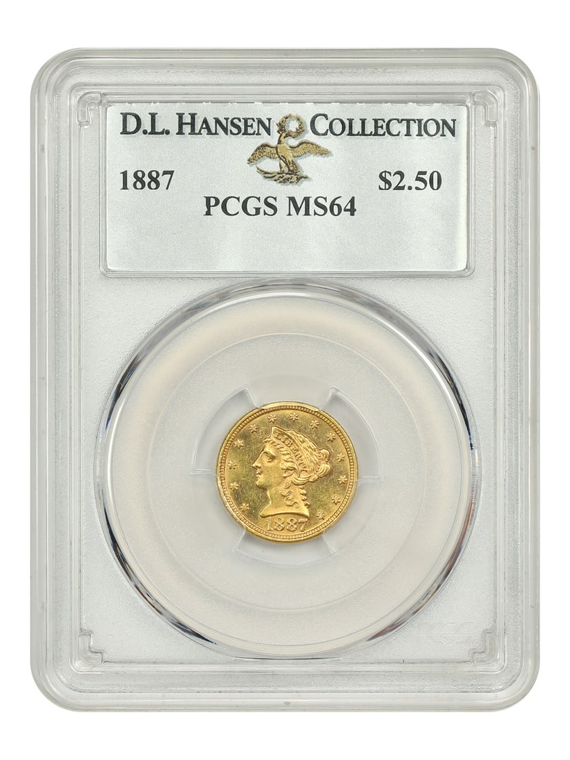 1887 $2.50 Liberty Head Coin PCGS MS64 Ex D.L. Hansen: 1887 $2.50 Liberty Head Coin PCGS MS64 Ex D.L. Hansen This 1887 $2.50 Liberty Head coin, certified by PCGS with a grade of MS64, is a remarkable example of gold coinage. With a low mintage of only 6,1