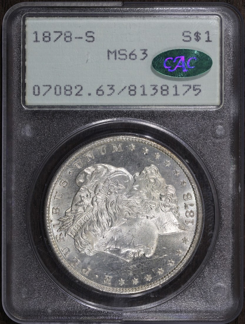 1878-S Morgan Silver Dollar MS63 CAC PCGS Rattler Uncirculated: 1878-S Morgan Silver Dollar MS63 CAC PCGS Rattler Uncirculated This exquisite 1878-S Morgan Silver Dollar is graded MS63 by PCGS, featuring a classic design that embodies the artistry and history of A