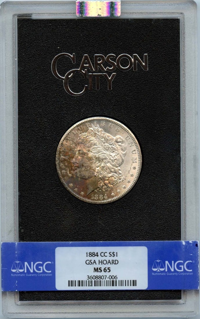 1882-CC Morgan Dollar GSA Hoard NGC MS65 Uncirculated Coin: 1882-CC Morgan Dollar GSA Hoard NGC MS65 Uncirculated Coin This stunning 1882-CC Morgan Dollar is a remarkable piece of numismatic history, certified by NGC with a grade of MS65, denoting its uncircul