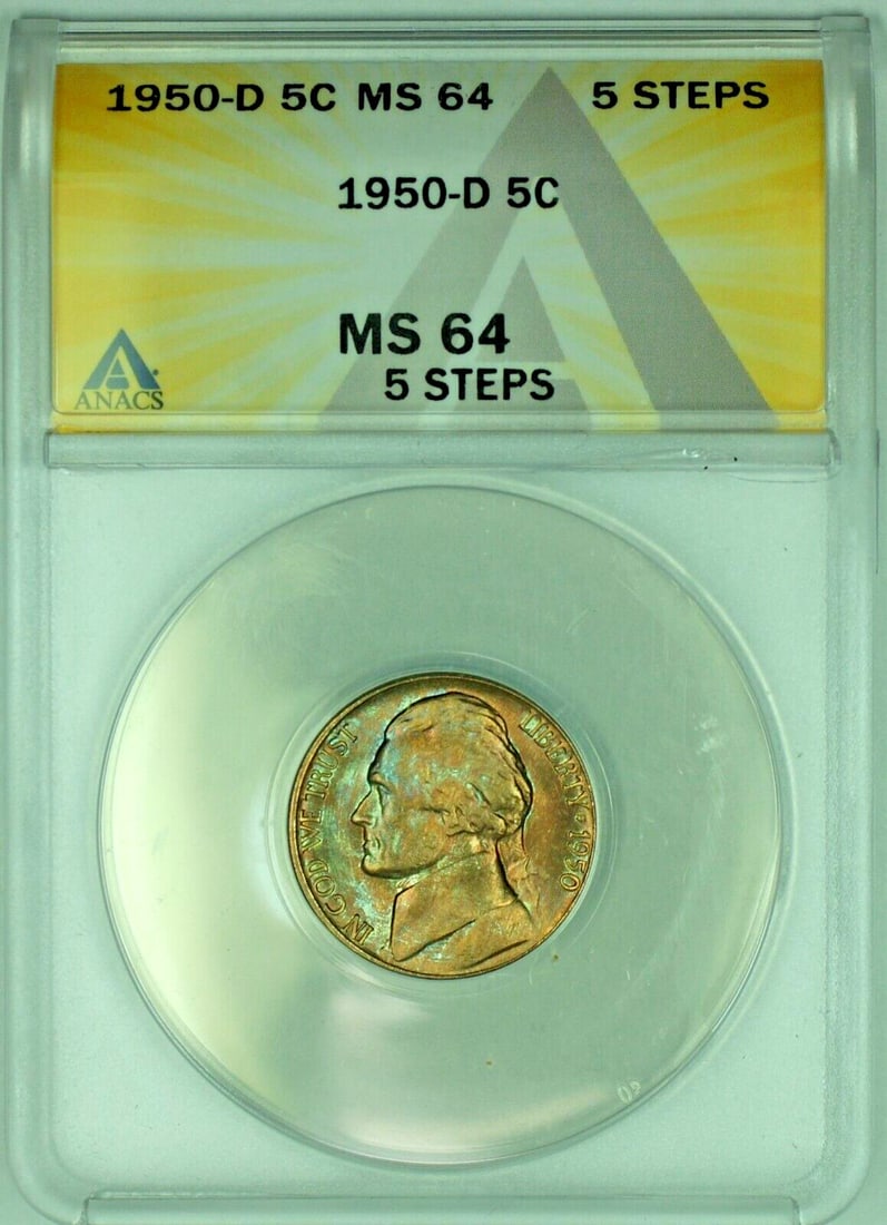 1950-D Five Cent Jefferson Nickel ANACS MS 64 Five Steps Toned: 1950-D Five Cent Jefferson Nickel ANACS MS 64 Five Steps Toned This is a 1950-D Jefferson Nickel with a denomination of 5 cents, featuring attractive toning. Graded MS 64 by ANACS and designated with