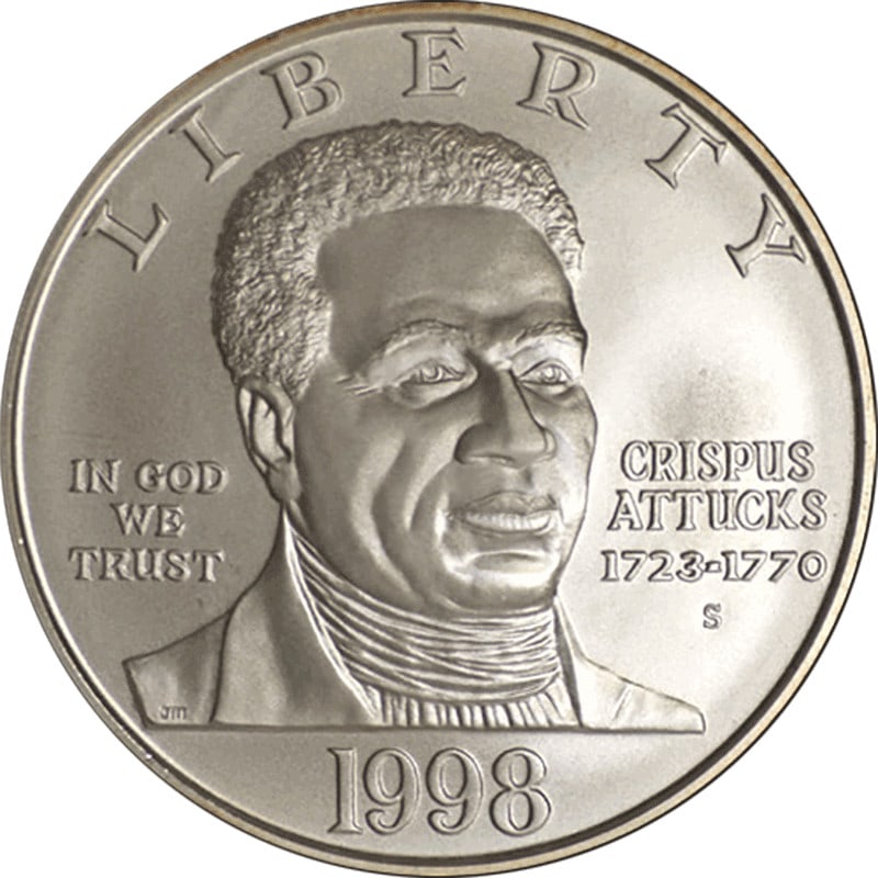 1998-S Black Patriots Silver Dollar NGC MS70 Uncirculated Coin: 1998-S Black Patriots Silver Dollar NGC MS70 Uncirculated Coin This 1998-S Black Patriots Commemorative Silver Dollar is a striking piece, graded NGC MS70, indicating its perfect condition. Minted in