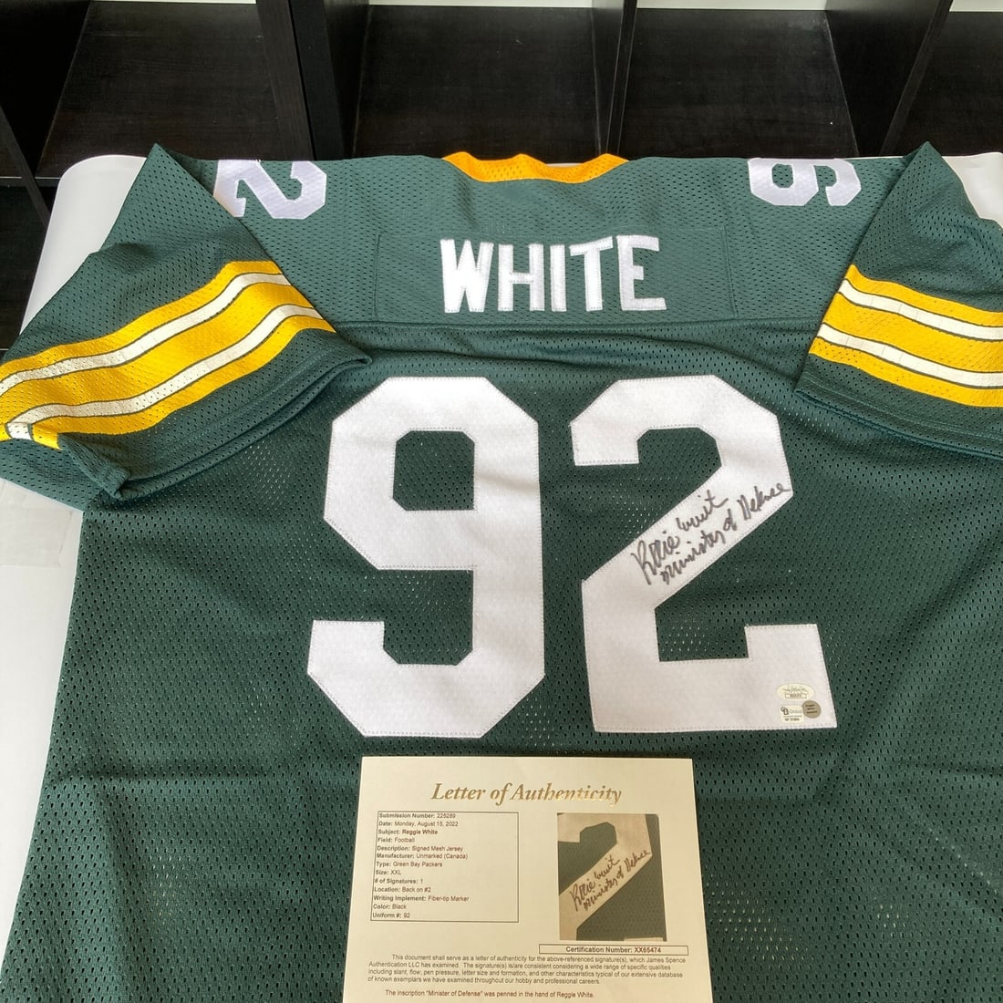 Reggie White Signed Inscribed Green Bay Packers Jersey JSA COA: Reggie White Signed Inscribed Green Bay Packers Jersey JSA COA This is a rare Reggie White "Minister Of Defense" signed and inscribed Green Bay Packers jersey, authenticated by James Spence Authentica