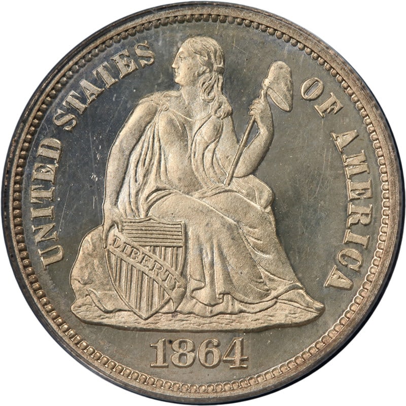1864 Seated Liberty Dime Proof PCGS PR66 DCAM Silver Coin: 1864 Seated Liberty Dime Proof PCGS PR66 DCAM Silver Coin This 1864 Seated Liberty Dime is a stunning example of numismatic artistry, showcasing superb eye appeal with fantastic luster and a strong st