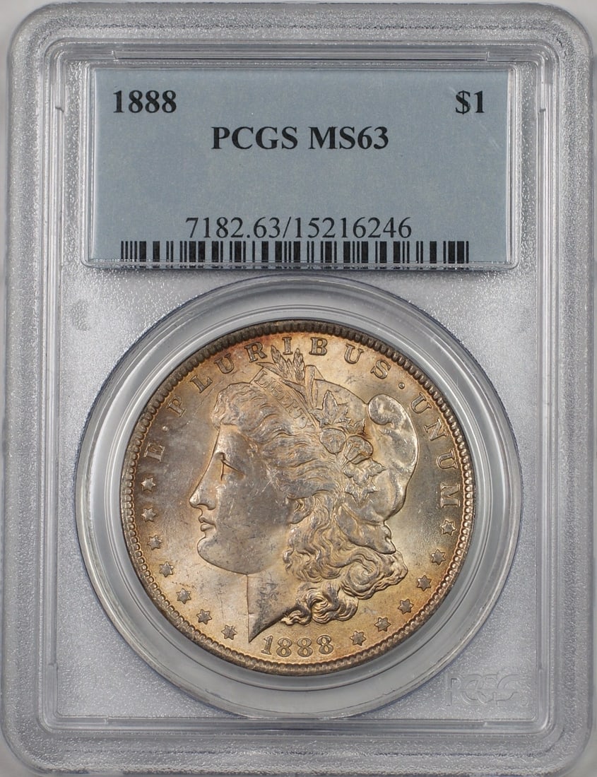 PCGS MS 63 1888 Silver Morgan Dollar Toned Philadelphia Mint: PCGS MS 63 1888 Silver Morgan Dollar Toned Philadelphia Mint This 1888 Morgan Silver Dollar is a $1 coin certified by PCGS with a grade of MS-63. The coin is uncirculated with attractive toning and wa