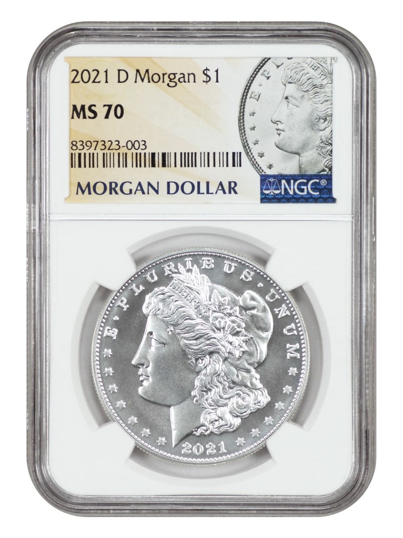 NGC MS70 2021 Denver Morgan Silver Dollar $1 Coin: NGC MS70 2021 Denver Morgan Silver Dollar $1 Coin This 2021-D Morgan Dollar is a modern silver commemorative coin graded MS70 by NGC, indicating it is in flawless, uncirculated condition. Struck at th