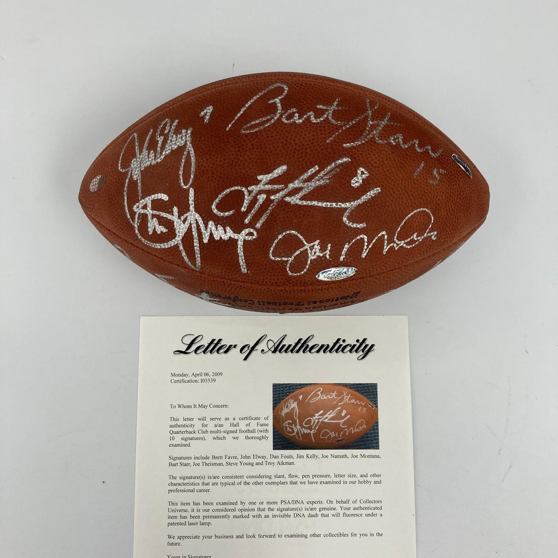 Signed Wilson Football with 10 NFL Quarterbacks PSA Authenticated: Signed Wilson Football with 10 NFL Quarterbacks PSA Authenticated This official Wilson game football showcases the signatures of ten legendary Hall of Fame quarterbacks, including Bart Starr, Joe Mont