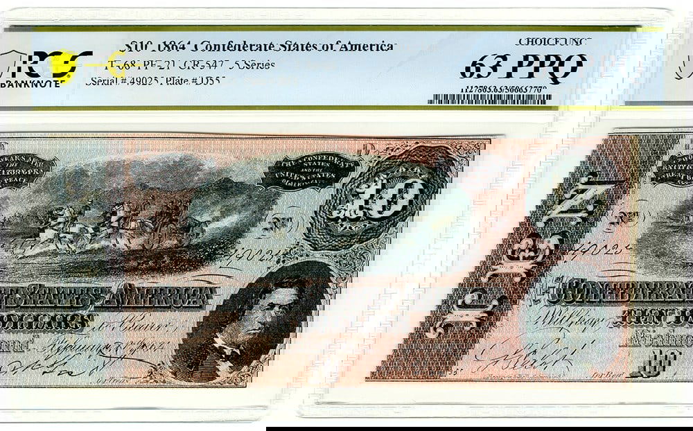 1864 $10 Confederate Note PCGS Choice UNC63 PPQ Civil War Currency (1 of 2)