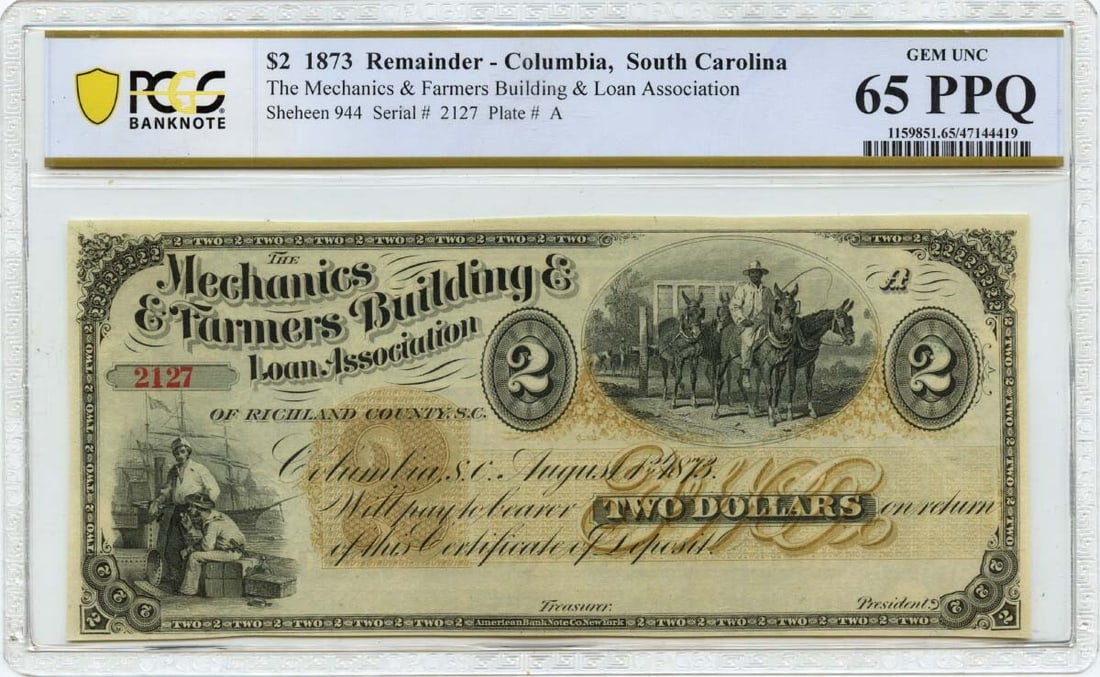 1873 $2 Obsolete Note Columbia SC PCGS GEM 65 Banknote (1 of 2)