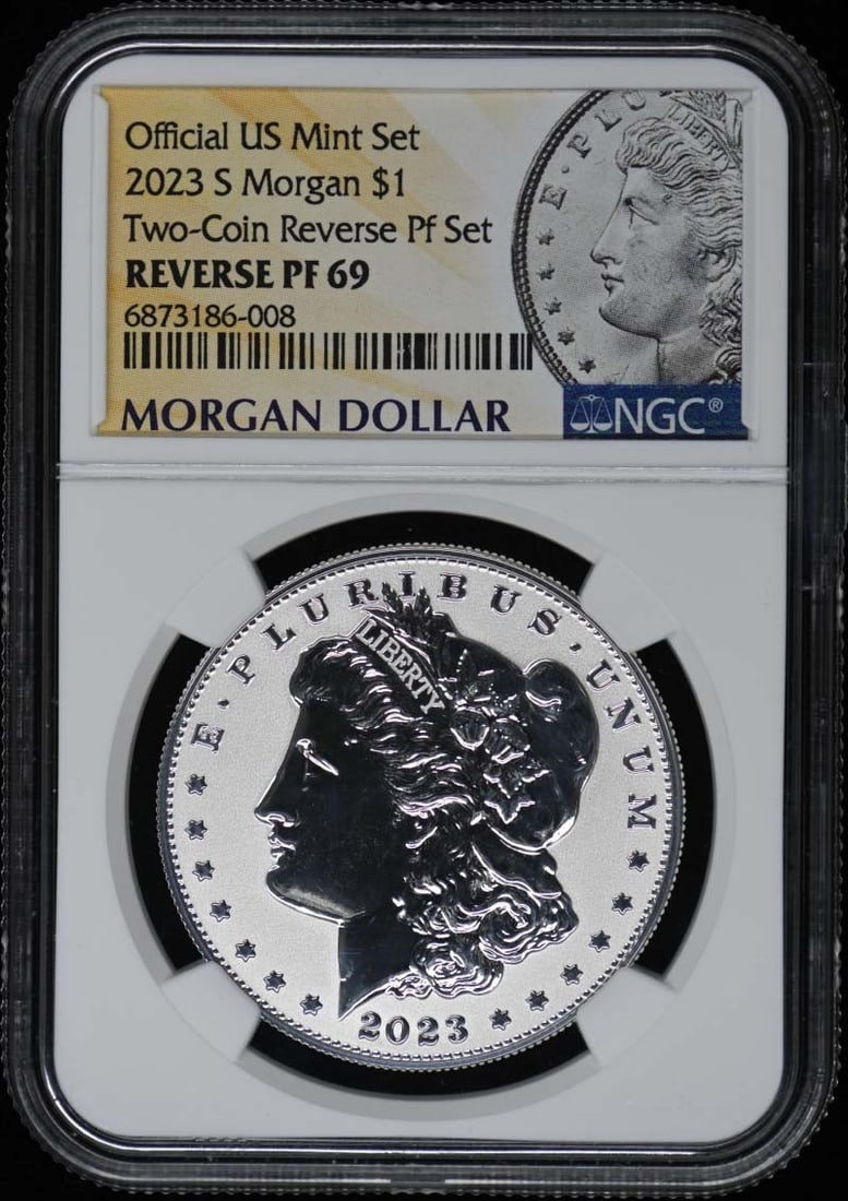 2023 S Morgan Dollar Reverse Proof NGC RP69 Certified Coin: 2023 S Morgan Dollar Reverse Proof NGC RP69 Certified Coin This 2023 S Morgan Reverse Proof $1 coin is a stunning addition to any collection. Certified by NGC with a remarkable grade of RP69, this coi