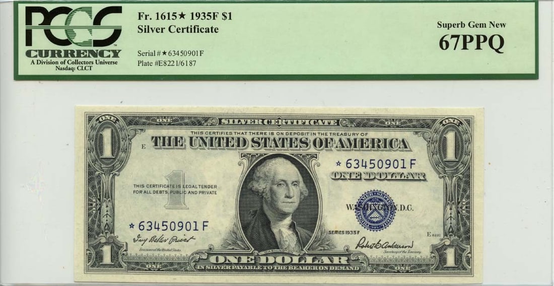 1935A $1 Silver Certificate FR#1615* PCGS Superb Gem 67 PPQ: 1935A $1 Silver Certificate FR#1615* PCGS Superb Gem 67 PPQ This 1935A $1 Silver Certificate, designated as FR#1615*, is a remarkable piece of currency certified by PCGS with a superb grade of 67 PPQ.