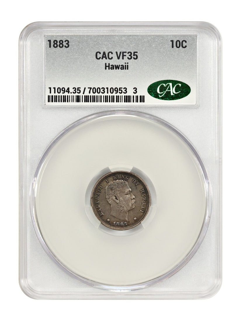 1883 10C Hawaii CACG VF35 Territorial Coin Vintage Rare: 1883 10C Hawaii CACG VF35 Territorial Coin Vintage Rare This 1883 10C Hawaii coin is a notable piece from the Territorial series, certified by CACG with a grade of VF35. Mintage for this denomination
