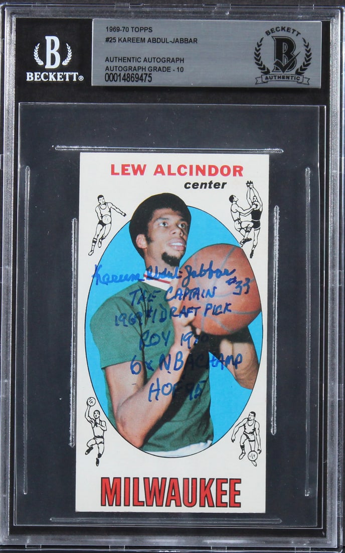 Kareem Abdul-Jabbar Signed 1969 Topps #25 Rookie Card Gem Mint 10 Beckett: Kareem Abdul-Jabbar Signed 1969 Topps #25 Rookie Card Gem Mint 10 Beckett Celebrate the legacy of basketball legend Kareem Abdul-Jabbar with this autographed 1969 Topps #25 rookie card. Graded Gem Min