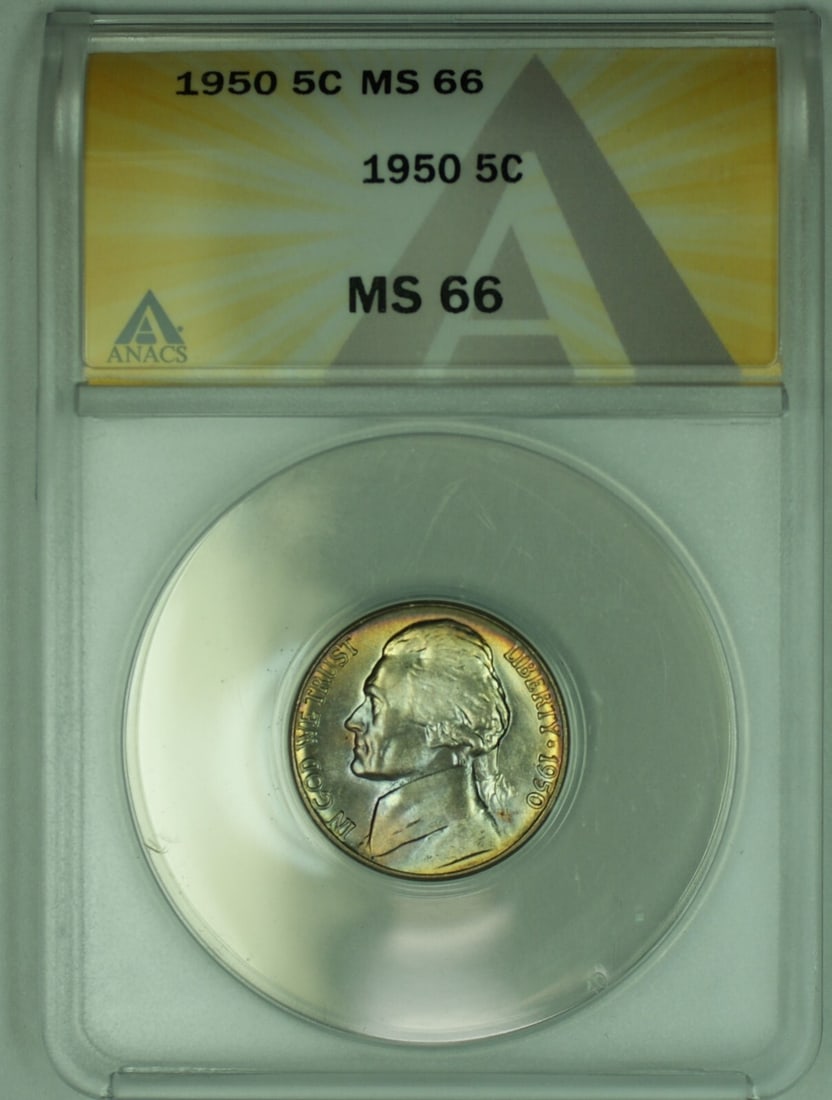 1950 ANACS MS 66 Jefferson Nickel Five Cent Coin Toned: 1950 ANACS MS 66 Jefferson Nickel Five Cent Coin Toned This is a 1950 Jefferson Nickel from the United States, featuring a 5-cent denomination. The coin is uncirculated and has been graded MS 66 by AN