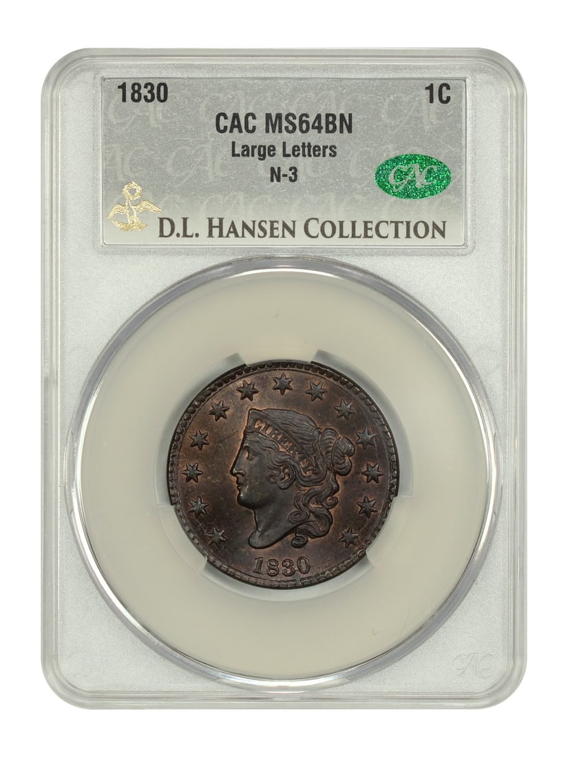 1830 Coronet Head Cent 1C CACG MS64BN Uncirculated D.L. Hansen: 1830 Coronet Head Cent 1C CACG MS64BN Uncirculated D.L. Hansen This 1830 Coronet Head Cent is a remarkable example of numismatic craftsmanship, graded MS64BN by CACG. Featuring large letters, this unc