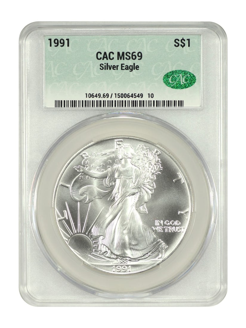 1991 American Silver Eagle Dollar CACG Certified MS69 Uncirculated: 1991 American Silver Eagle Dollar CACG Certified MS69 Uncirculated This 1991 $1 Silver Eagle is a bullion coin struck at the Philadelphia Mint. Composed of one ounce of pure silver, it has been graded