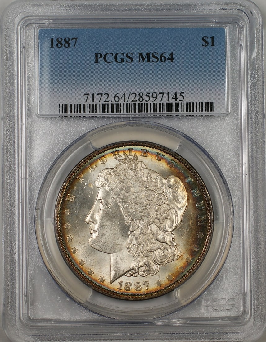 1887 Silver Morgan Dollar PCGS MS64 Philadelphia Toned Uncirculated Coin: 1887 Silver Morgan Dollar PCGS MS64 Philadelphia Toned Uncirculated Coin This 1887 Morgan Silver Dollar features attractive toning and has been certified by PCGS with a grade of MS-64. Struck in Phila
