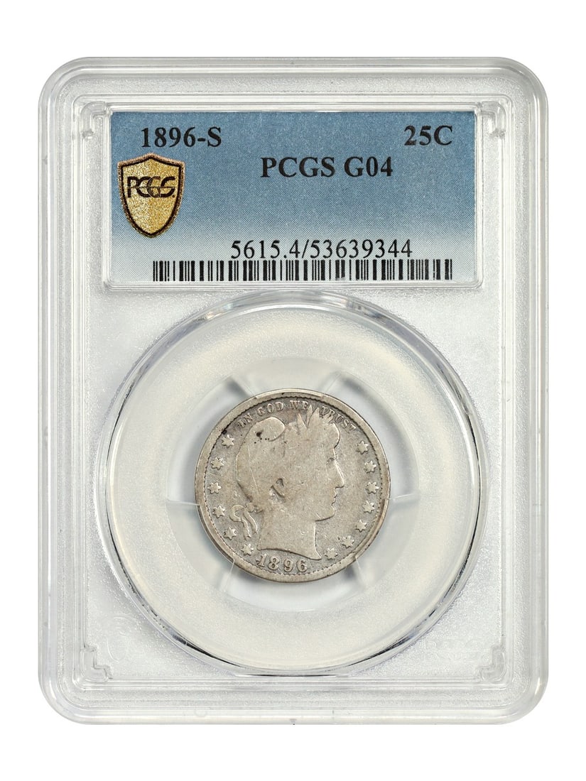 Key Date 1896-S Barber Quarter PCGS Graded Good 04 San Francisco Mint: Key Date 1896-S Barber Quarter PCGS Graded Good 04 San Francisco Mint This is an 1896-S Barber Quarter, a classic key date in the Barber quarter series and recognized as one of the 'big 3' key dates a