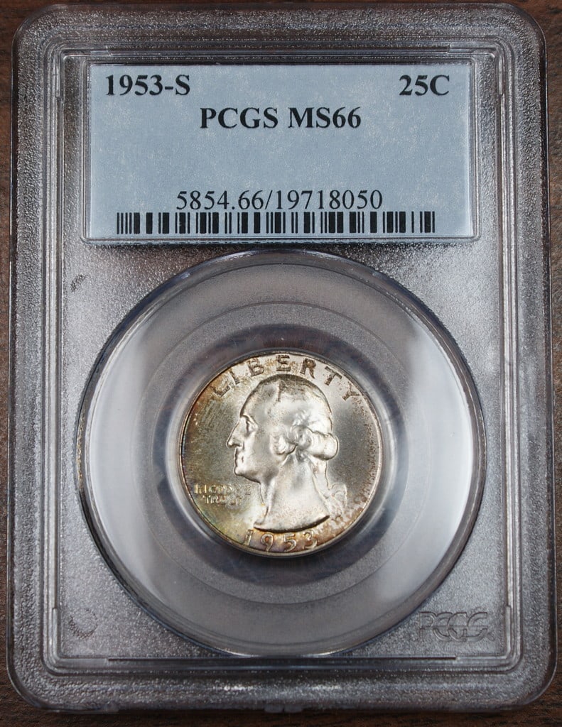 PCGS MS-66 1953-S San Francisco Silver Washington Quarter with Toning: PCGS MS-66 1953-S San Francisco Silver Washington Quarter with Toning This 1953-S Silver Washington Quarter is certified by PCGS with a grade of MS-66, indicating an uncirculated condition. Struck at