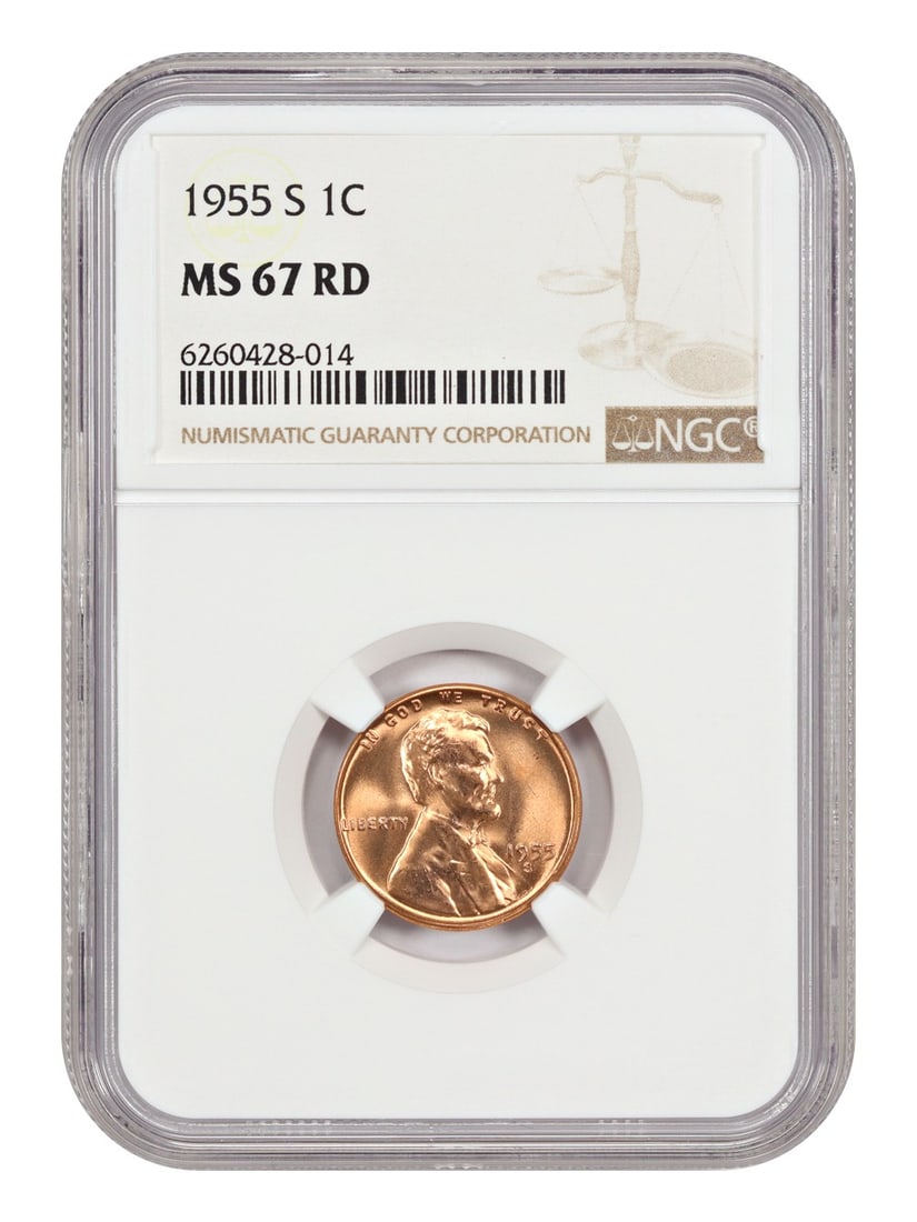 NGC MS67RD 1955-S Lincoln Wheat Cent 1C Uncirculated: NGC MS67RD 1955-S Lincoln Wheat Cent 1C Uncirculated This is a 1955-S Lincoln Cent featuring the Wheat Reverse design. The coin is certified by NGC with a grade of MS67RD, indicating it is in uncircul