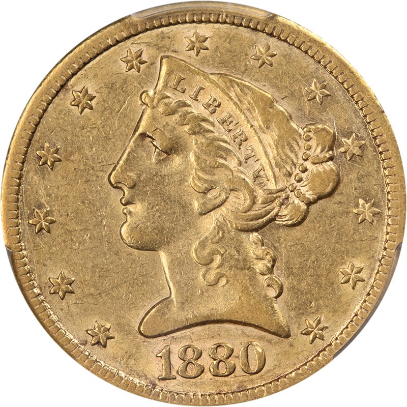PCGS AU50 1880 Carson City $5 Liberty Gold Coin with Strong Luster: PCGS AU50 1880 Carson City $5 Liberty Gold Coin with Strong Luster This 1880-CC Liberty Gold $5 coin is graded AU50 by PCGS and features the Carson City mint mark. The coin offers strong eye appeal wi