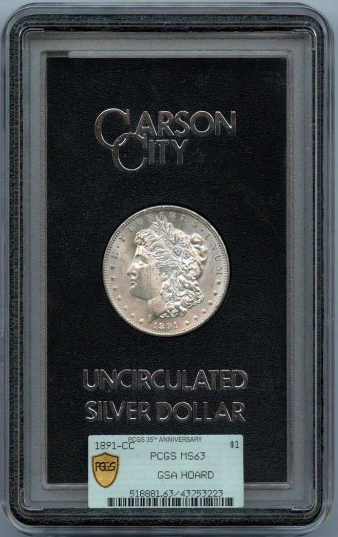 1891-CC Morgan Silver Dollar PCGS MS63 GSA 35th Anniversary: 1891-CC Morgan Silver Dollar PCGS MS63 GSA 35th Anniversary This 1891-CC Morgan Silver Dollar showcases a remarkable MS63 grade, certified by PCGS (Certification Number: 43753223). Minted in Carson Ci