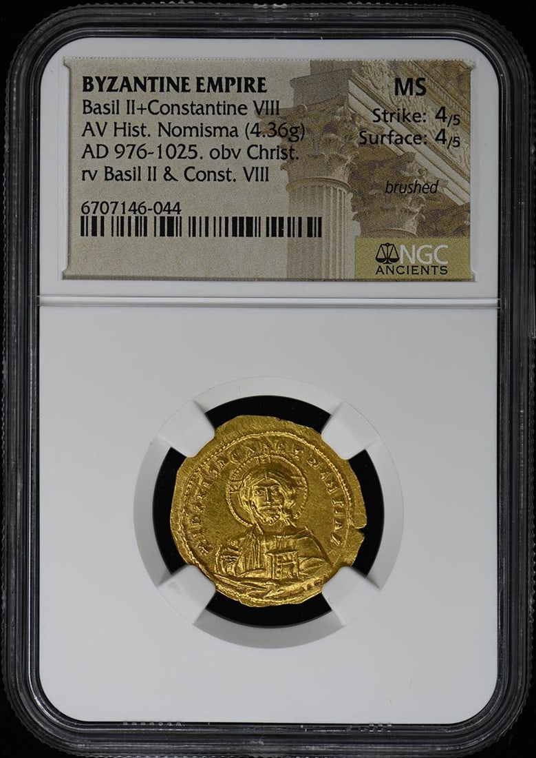 Basil II Constantine VIII Byzantine Coin NGC MS 976-1025 AD: Basil II Constantine VIII Byzantine Coin NGC MS 976-1025 AD This historical Byzantine coin features the portraits of Basil II and Constantine VIII, minted between 976-1025 AD. It is certified by NGC a