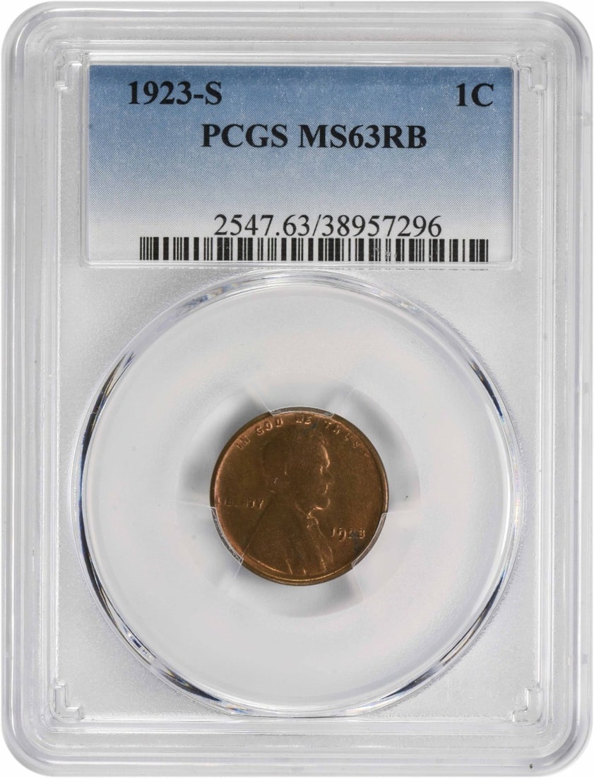 1923-S Lincoln Wheat Cent MS63RB PCGS Uncirculated: 1923-S Lincoln Wheat Cent MS63RB PCGS Uncirculated This 1923-S Lincoln Cent is a remarkable piece certified by PCGS with a grade of MS63RB. Struck in copper, this uncirculated coin features the iconic