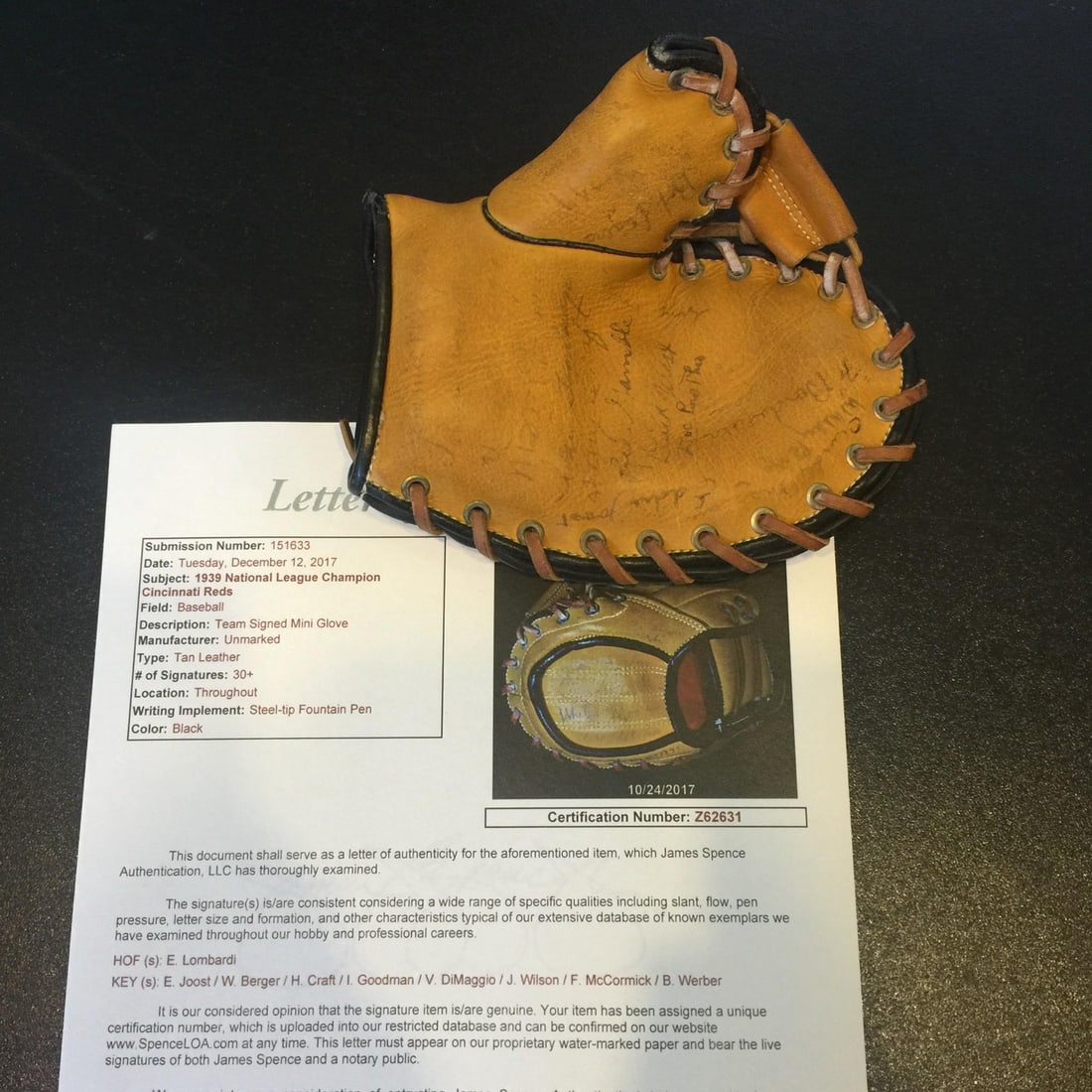 1939 Cincinnati Reds Team Signed Mini Baseball Glove 30+ Sig JSA: 1939 Cincinnati Reds Team Signed Mini Baseball Glove 30+ Sig JSA This rare 1939 Cincinnati Reds National Champs Team Signed Mini Baseball Glove features over 30 signatures, including the renowned Erni