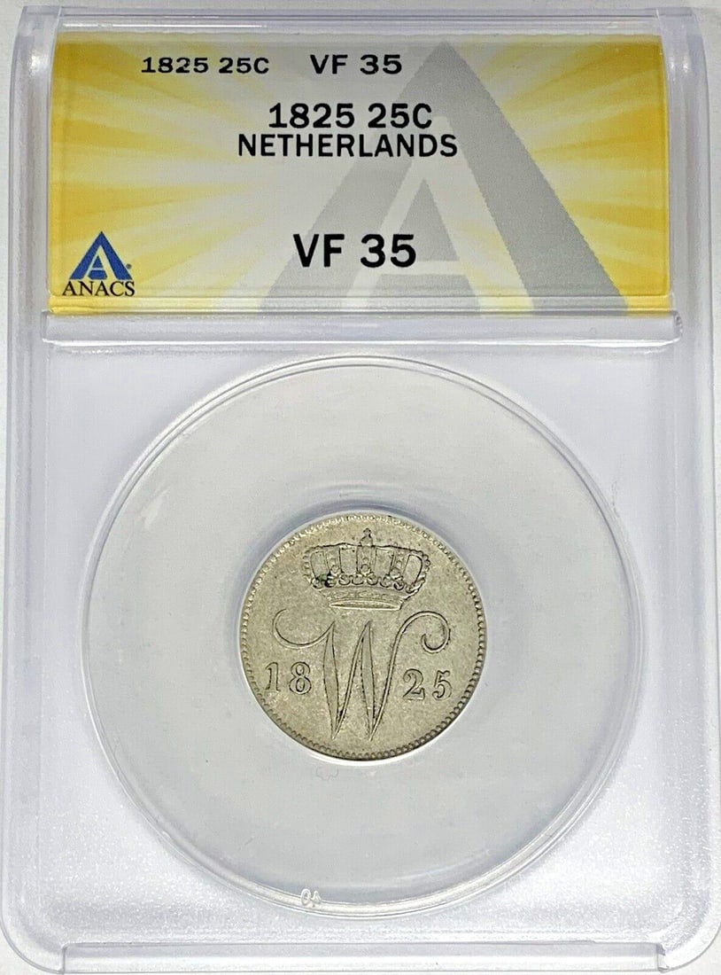 Silver 1825 Netherlands 25 Cent ANACS Certified VF 35 Coin (1 of 2)