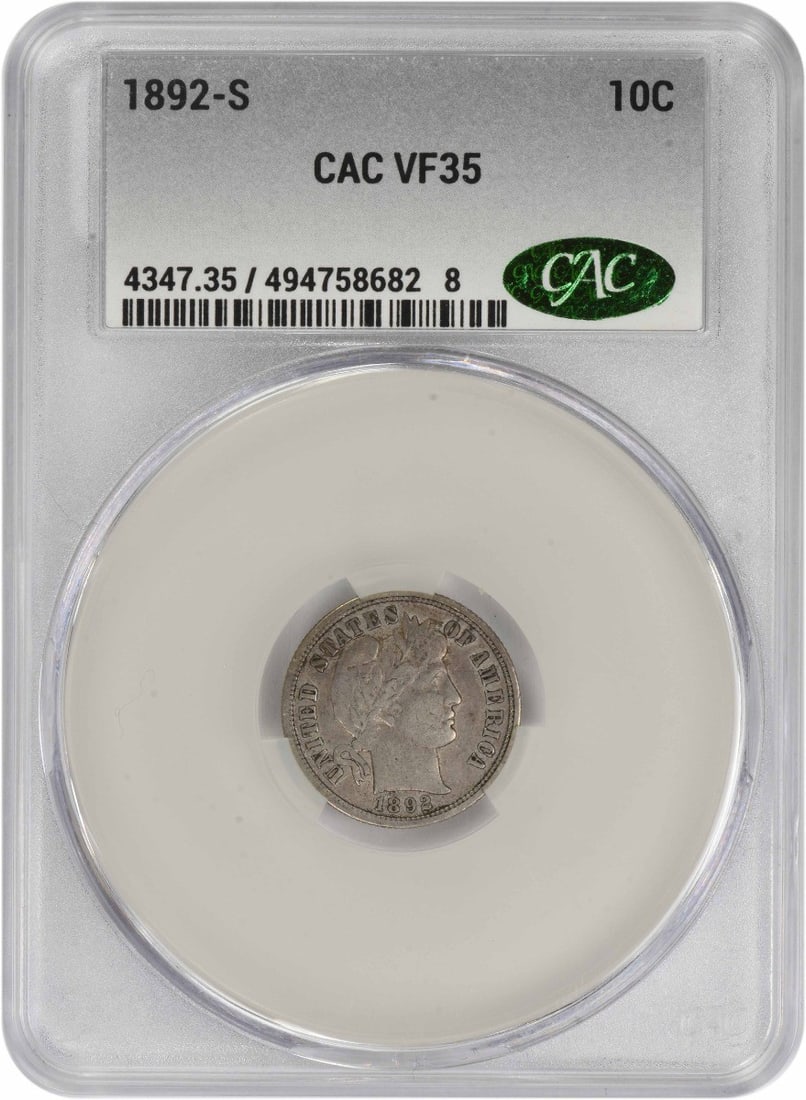 San Francisco Mint 1892 Barber Dime VF35 Certified by CACG (1 of 2)