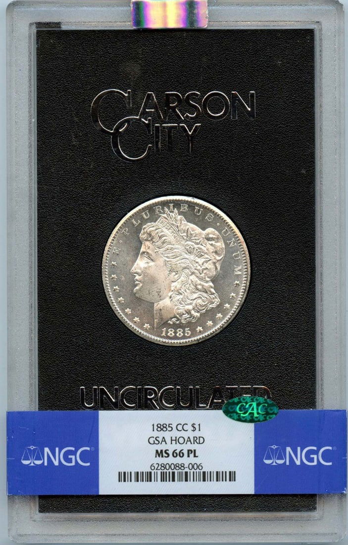 1885-CC Morgan Dollar GSA Hoard NGC MS66PL CAC Proof-Like: 1885-CC Morgan Dollar GSA Hoard NGC MS66PL CAC Proof-Like This stunning 1885-CC Morgan Dollar is a remarkable example of American coinage, certified by NGC with a high grade of MS66PL, indicating its