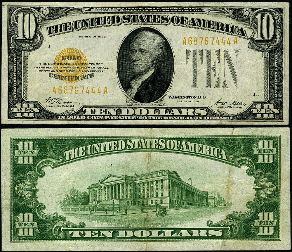 1928 $10 Gold Certificate FR. 2400 A-A Block Uncertified (1 of 3)