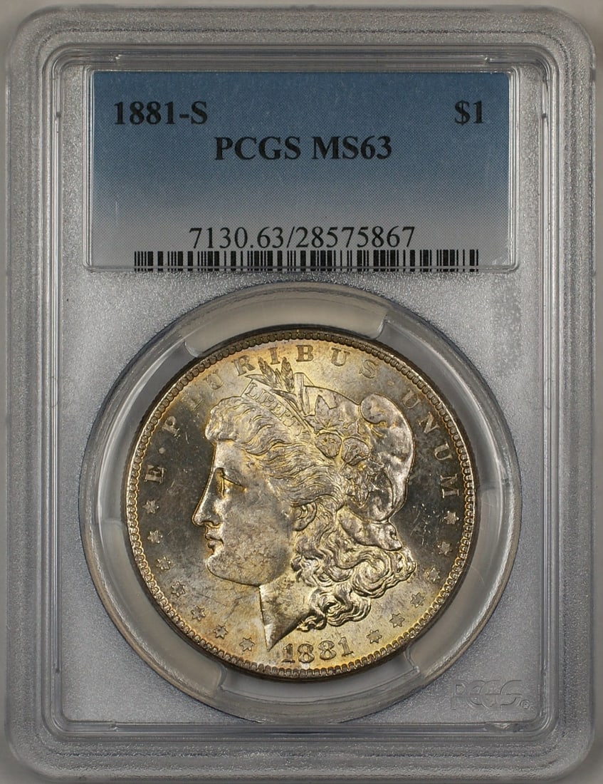 San Francisco 1881 Morgan Dollar Silver PCGS MS63 Toned Uncirculated: San Francisco 1881 Morgan Dollar Silver PCGS MS63 Toned Uncirculated This 1881-S Morgan Silver Dollar is an uncirculated $1 coin graded MS-63 by PCGS. It features attractive crescent rim toning on the