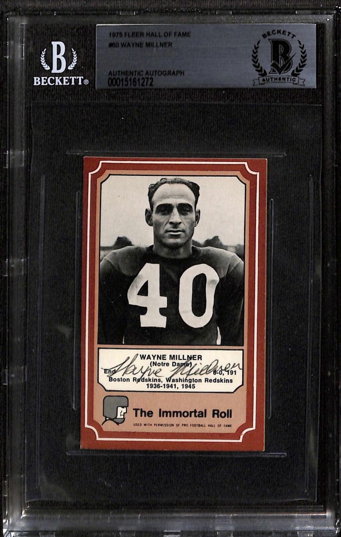 Wayne Millner Autographed 1975 Fleer Immortal Roll Card Beckett HOF Redskins: Wayne Millner Autographed 1975 Fleer Immortal Roll Card Beckett HOF Redskins This autographed 1975 Fleer Immortal Roll football trading card features the signature of NFL Hall of Famer Wayne Millner,