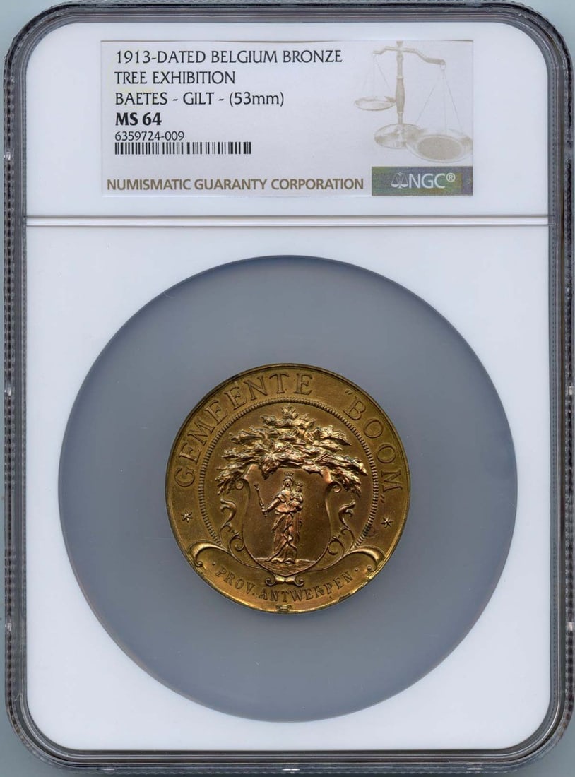1913 Belgium Bronze Tree Exhibition Medal Baetes Gilt NGC MS64 53mm: 1913 Belgium Bronze Tree Exhibition Medal Baetes Gilt NGC MS64 53mm This exquisite 1913 Dated Belgium Bronze Tree Exhibition Medal features a stunning gilt finish and is graded MS64 by NGC, ensuring i