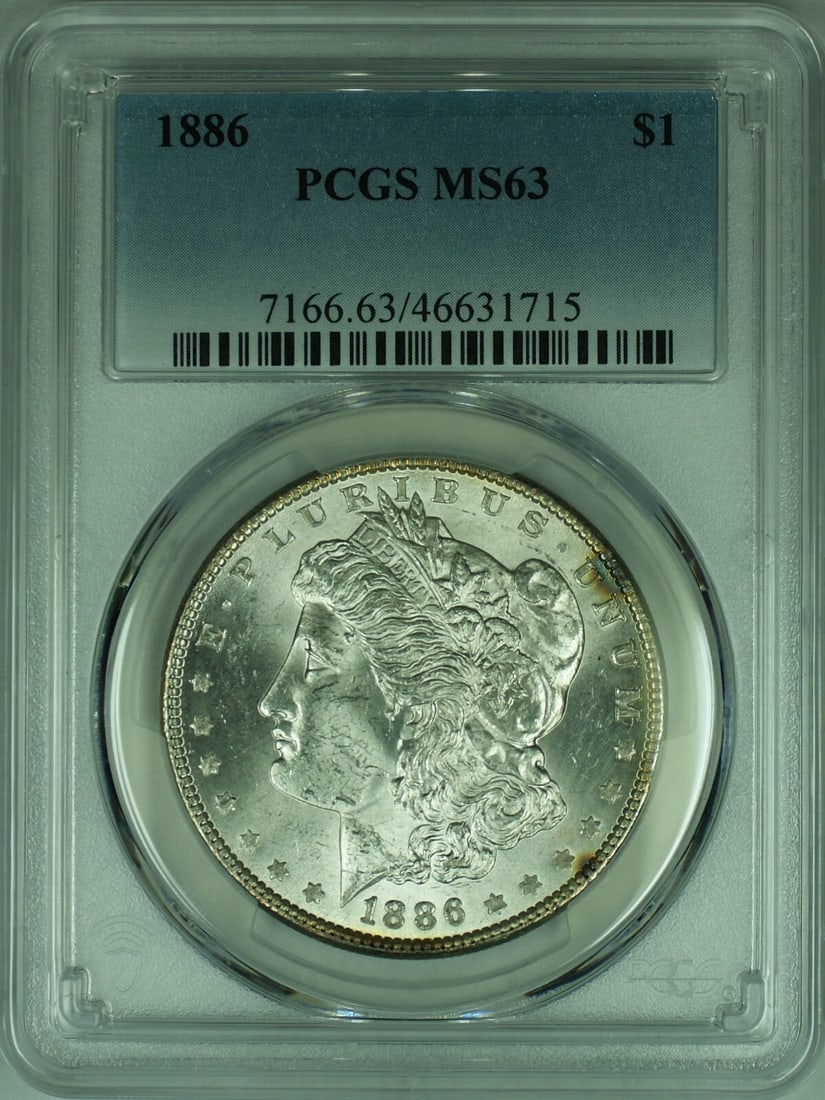 PCGS MS 63 1886 Morgan Dollar Silver Coin Philadelphia: PCGS MS 63 1886 Morgan Dollar Silver Coin Philadelphia This is an 1886 Morgan Silver Dollar coin graded MS-63 by PCGS. Struck in Philadelphia, this uncirculated coin is composed of 90% silver and has