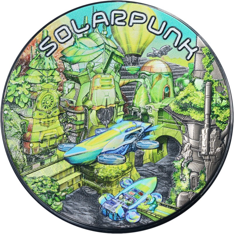 2 oz Silver 2024 Solar Punk Universe Coin Niue $5 with OGP and COA: 2 oz Silver 2024 Solar Punk Universe Coin Niue $5 with OGP and COA This 2024 Niue 2 Ounce Silver $5 The Punk Universe Solar Punk coin features an ultra high relief design with both UV and fluorescent