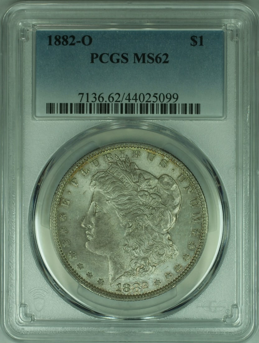 PCGS MS62 1882-O Morgan Silver Dollar New Orleans Mint Light Toning: PCGS MS62 1882-O Morgan Silver Dollar New Orleans Mint Light Toning This is an 1882-O Morgan Silver Dollar $1 coin, certified by PCGS with a grade of MS-62. The coin is uncirculated and features light
